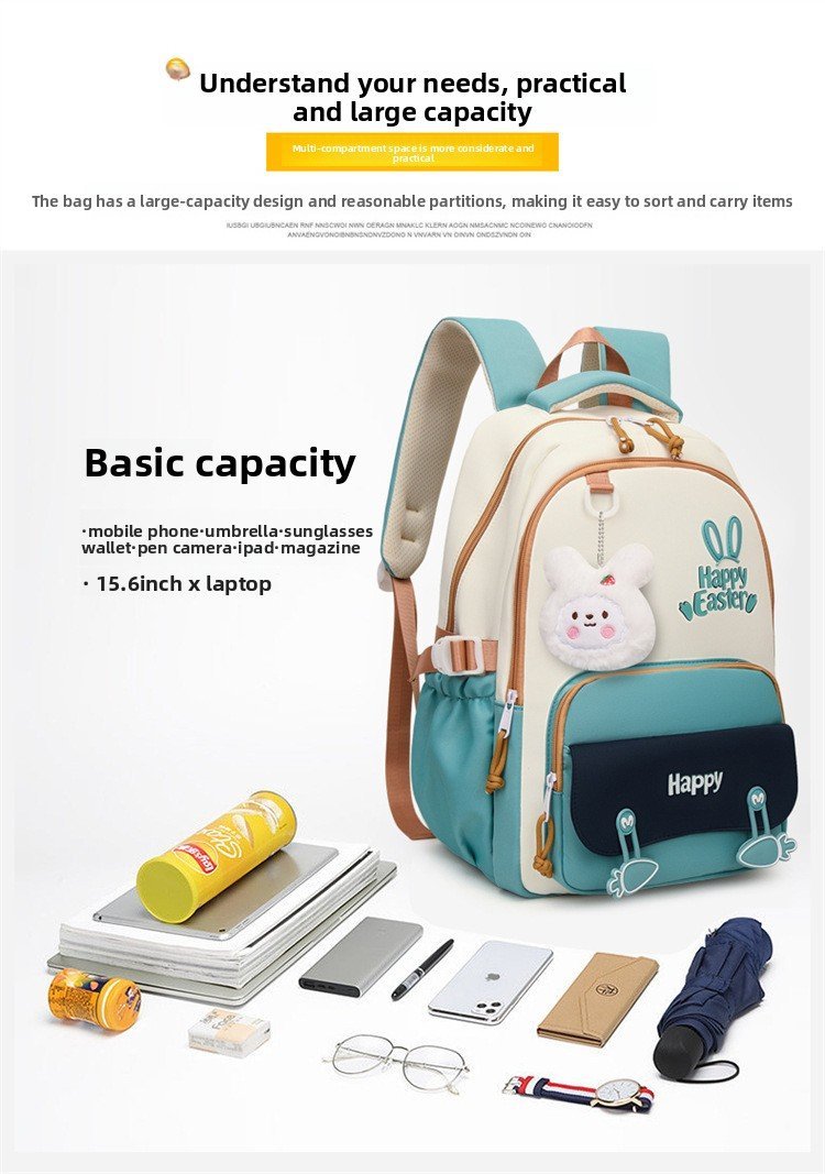 Sac à Dos Scolaire Motif Lapin Happy Easter Ergonomique Tissu Imperméable Vert SACKDS31V - حقيبة ظهر مدرسية وعصرية بتصميم الأرنب اللطيف - الصورة 4