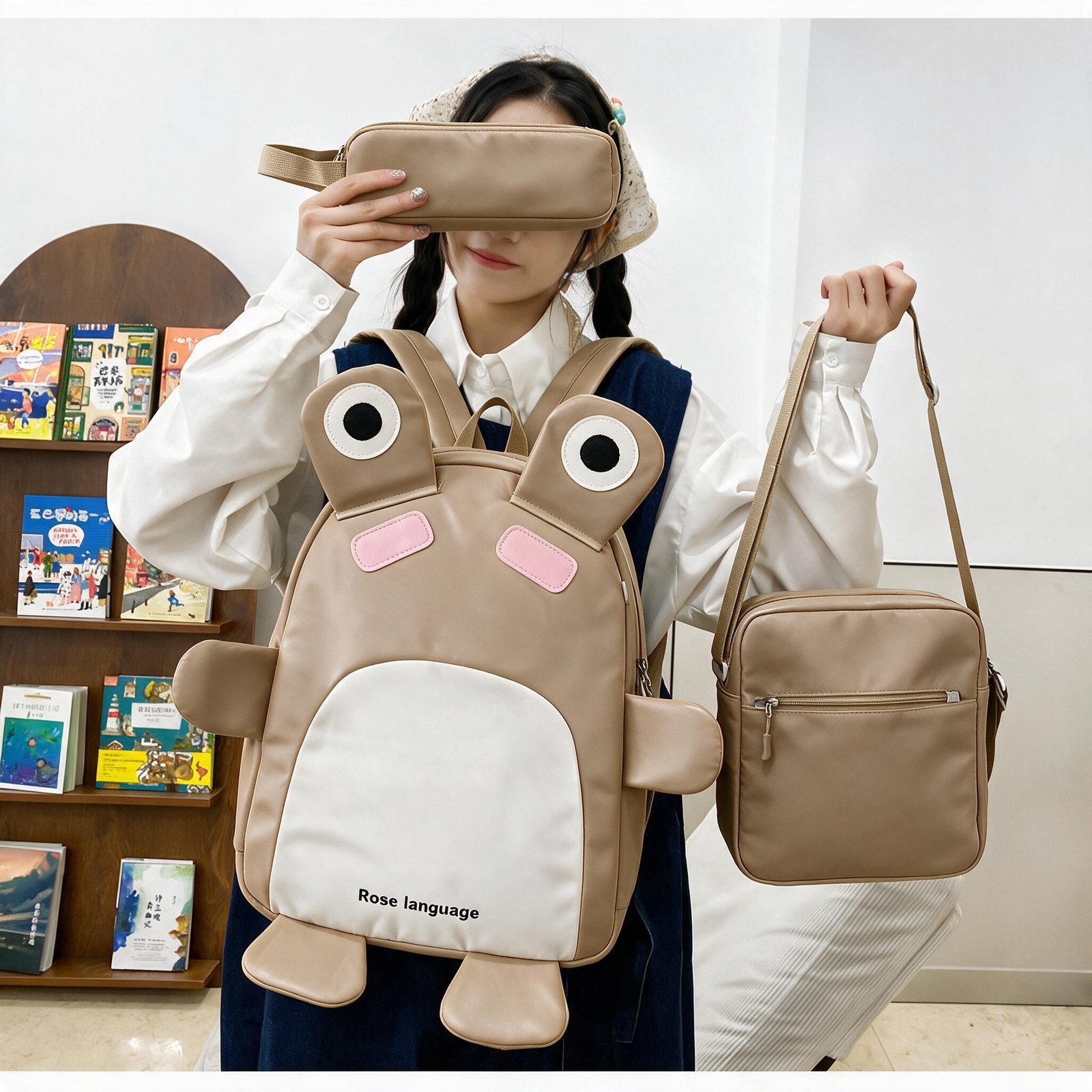 Sac à Dos Scolaires Enfant 3 en 1 Motif Grenouille Rose Language Style Dos Kawaii Marron SACKDS32MR - طقم حقائب مدرسية للأطفال 3 في 1 بتصميم الضفدع اللطيف - الصورة 2