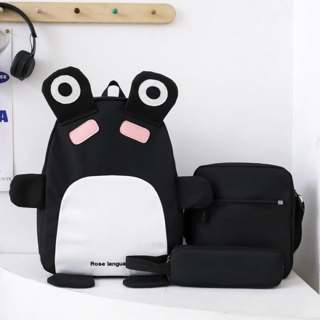 Sac à Dos Scolaires Enfant 3 en 1 Motif Grenouille Rose Language Style Dos Kawaii Noir SACKDS32N - طقم حقائب مدرسية للأطفال 3 في 1 بتصميم الضفدع اللطيف