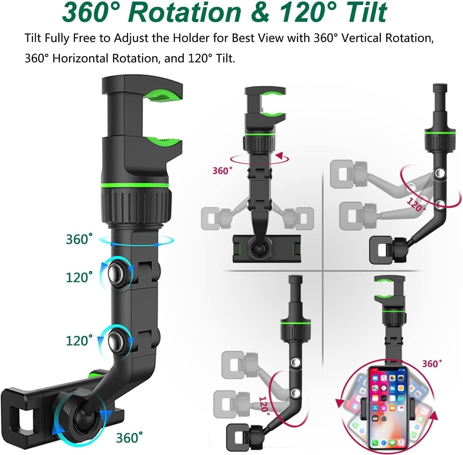 Support Téléphone Voiture pour Rétroviseur Rotation 360°, Bras Long Ajustable - حامل هاتف لمرآة الرؤية الخلفية للسيارة مع دوران 360° وذراع قابل للتعديل - الصورة 3