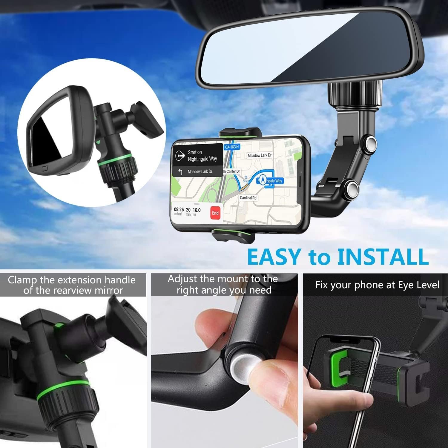 Support Téléphone Voiture pour Rétroviseur Rotation 360°, Bras Long Ajustable - حامل هاتف لمرآة الرؤية الخلفية للسيارة مع دوران 360° وذراع قابل للتعديل - الصورة 8