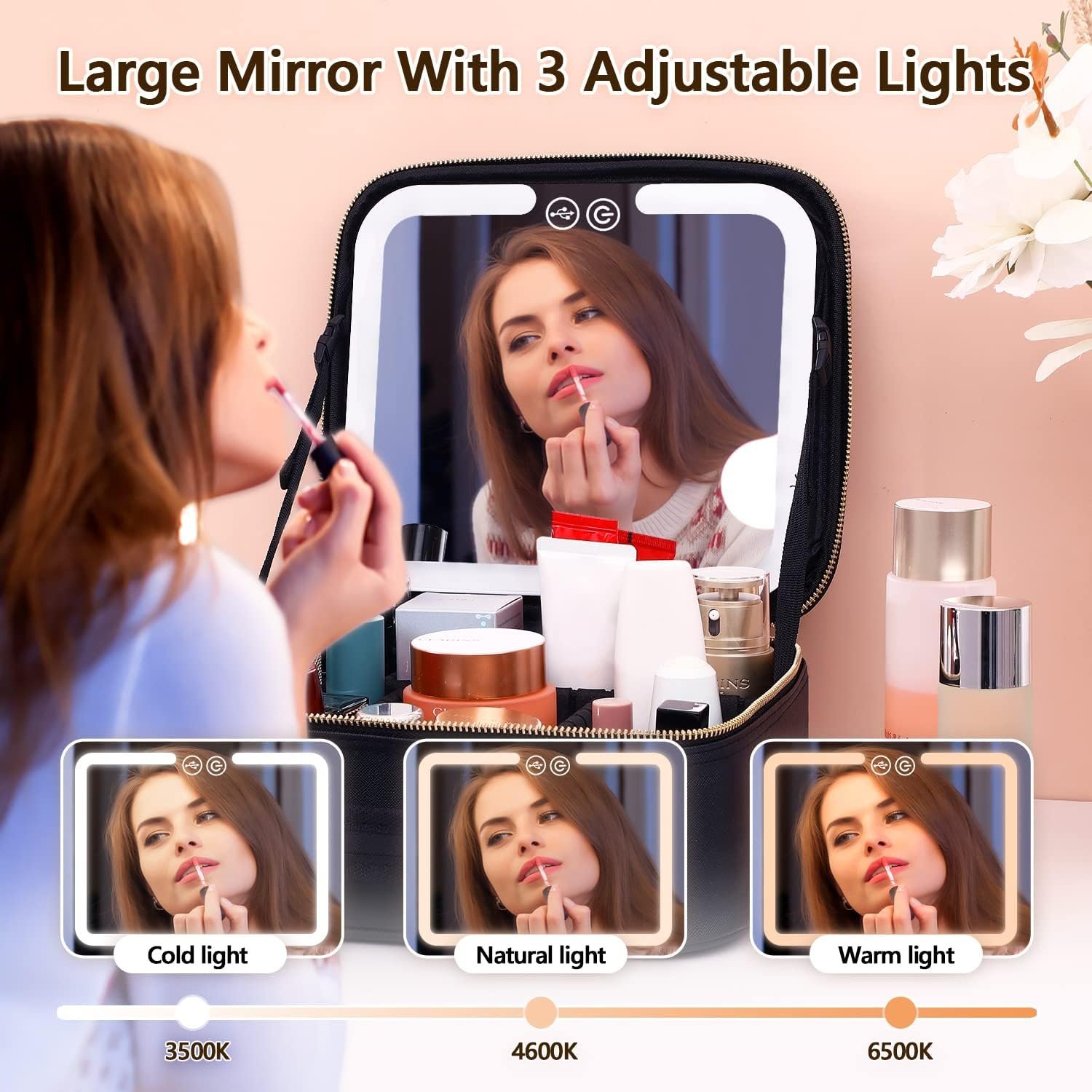 Trousse de Maquillage et Voyage avec Miroir LED Intégré 3 Modes de Lumière - حقيبة تنظيم المكياج والسفر مع مرآة مضيئة - الصورة 8