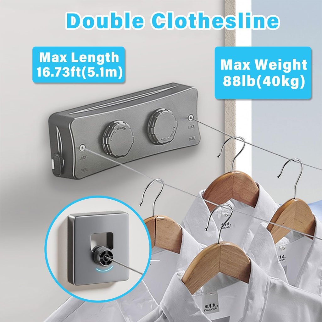 Double Corde à Linge Rétractable 2 x 5,1m en Acier Inoxydable Capacité 40KG – حبل غسيل مزدوج قابل للسحب